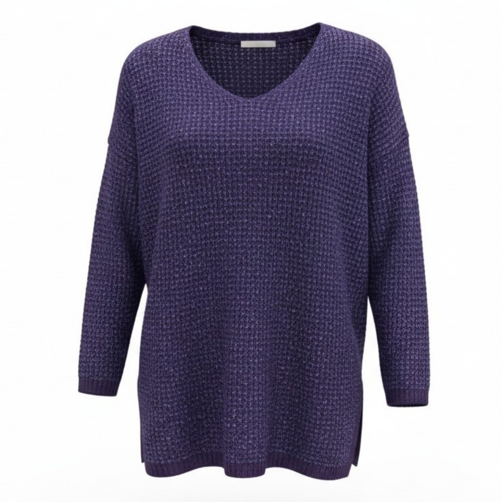 Chico's size 1 (S/8) Midnight Blue Pullover Sweater Top V-neck Metallic Knit